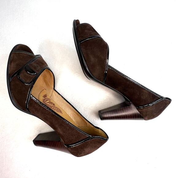 Sofft Womens Classic Pumps Size 7.5M Brown Suede Patent Leather Trim Peep Toe - Picture 5 of 12